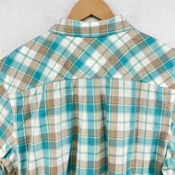 PRANA Shirt Mens L Benton Plaid Button Up Camp Organic Cotton Blend Blue NEW - Picture 6 of 15